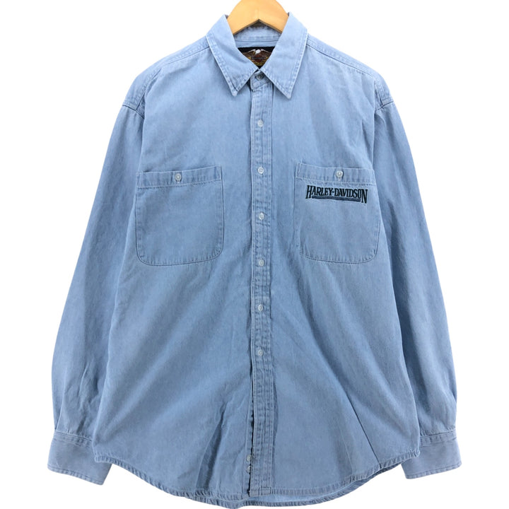 Harley-Davidson Long Sleeve Denim Shirt, Men's Size L cotton blue type Vintage Second Hand