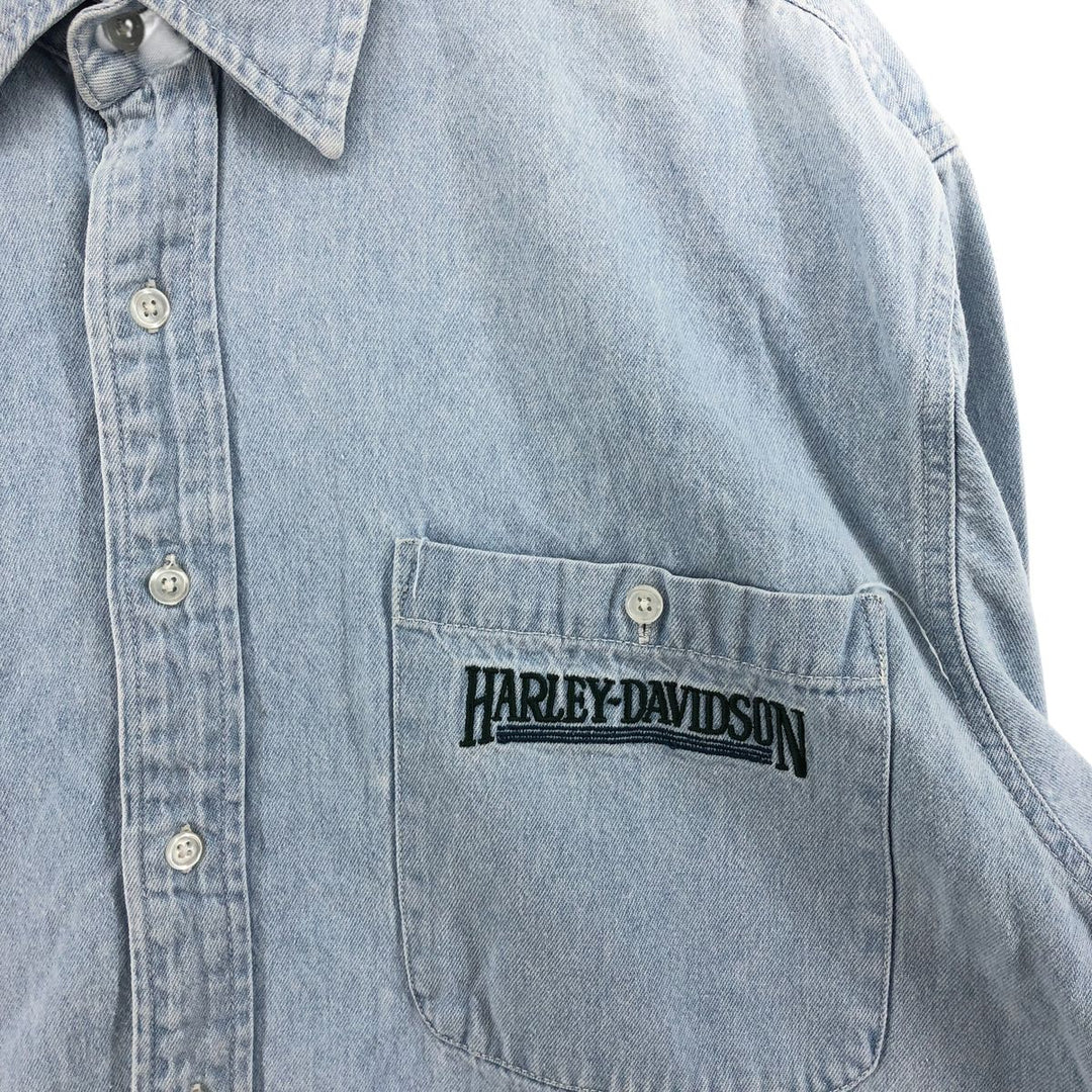 Harley-Davidson Long Sleeve Denim Shirt, Men's Size L cotton blue type Vintage Second Hand