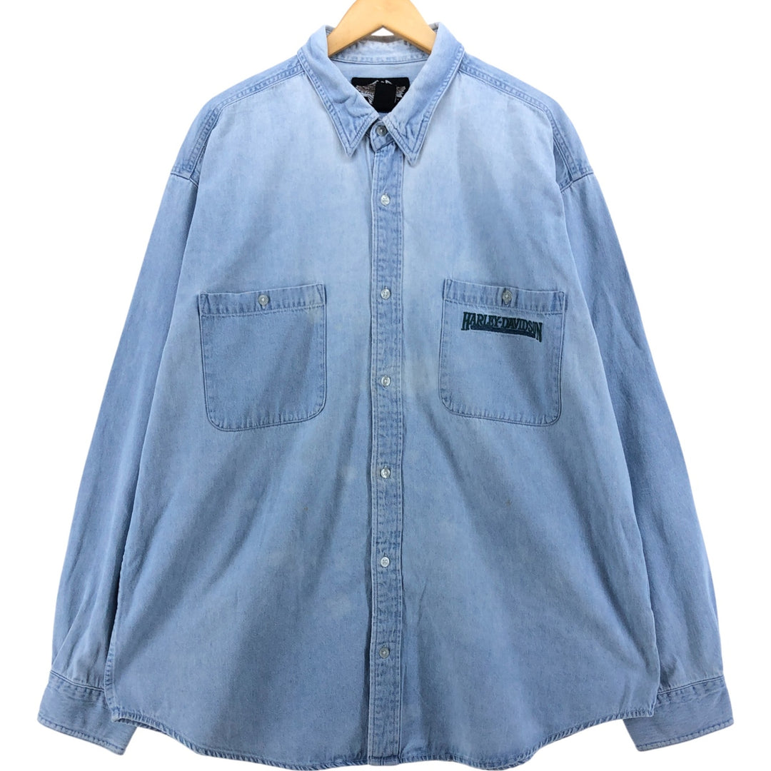 Harley-Davidson Hidden Button-Down Long Sleeve Denim Shirt, Men's XXL cotton blue type Vintage Second Hand