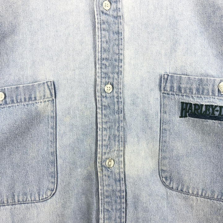 Harley-Davidson Hidden Button-Down Long Sleeve Denim Shirt, Men's XXL cotton blue type Vintage Second Hand
