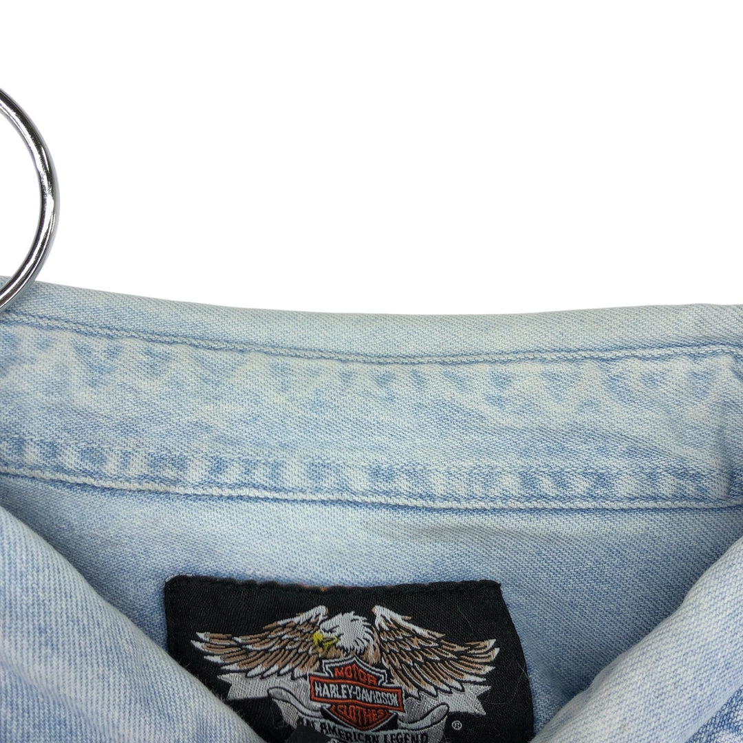 Harley-Davidson Hidden Button-Down Long Sleeve Denim Shirt, Men's XXL cotton blue type Vintage Second Hand