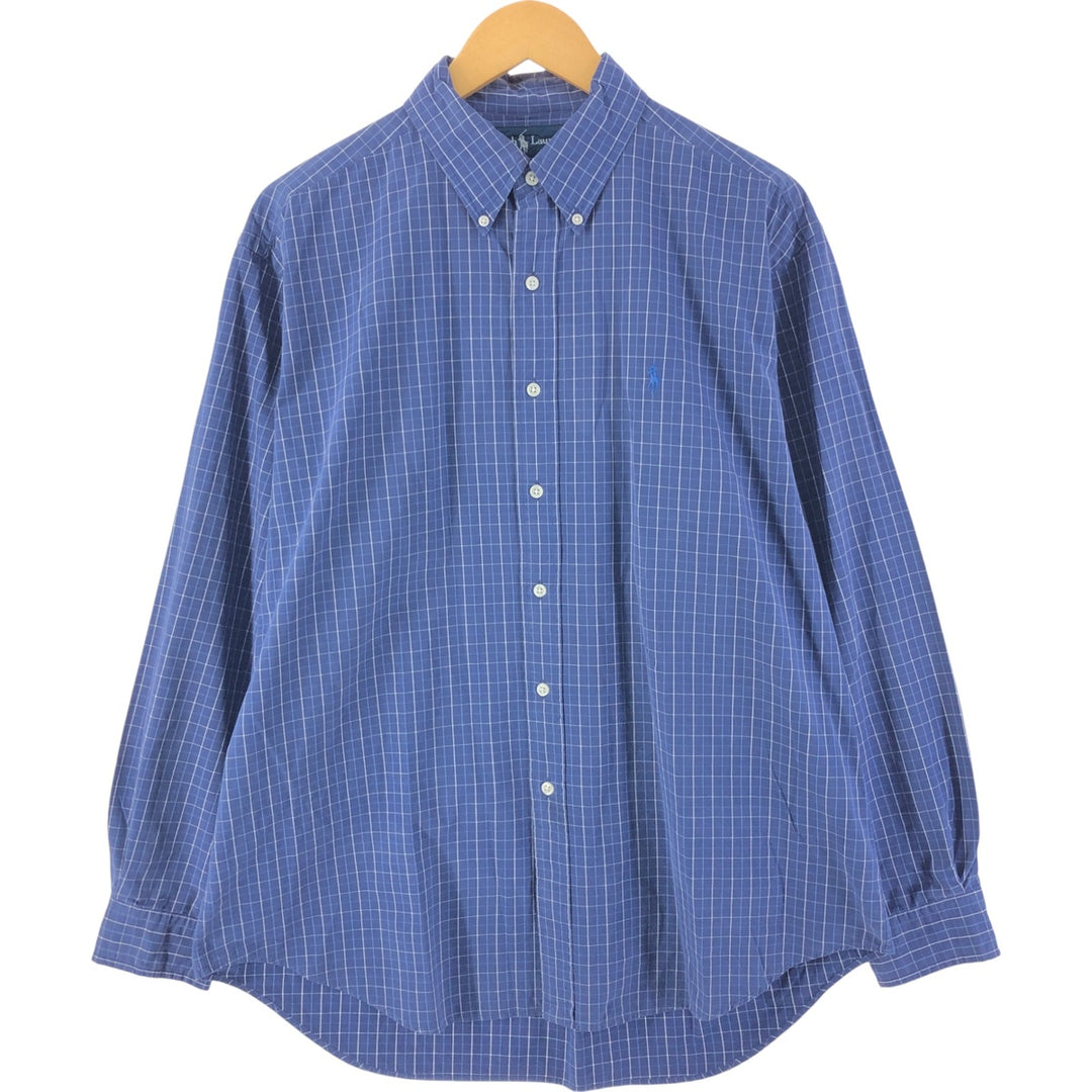 Ralph Lauren BLAKE long sleeve button down check shirt, men's size L cotton navy blue type Vintage Second Hand