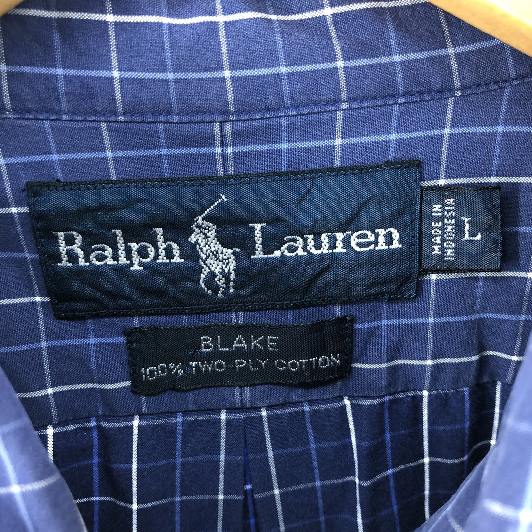 Ralph Lauren BLAKE long sleeve button down check shirt, men's size L cotton navy blue type Vintage Second Hand