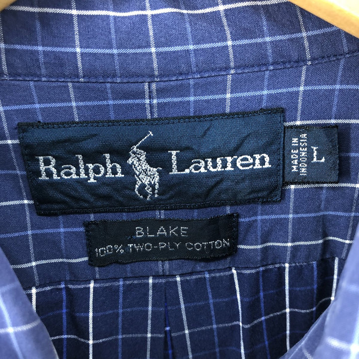 Ralph Lauren BLAKE long sleeve button down check shirt, men's size L cotton navy blue type Vintage Second Hand