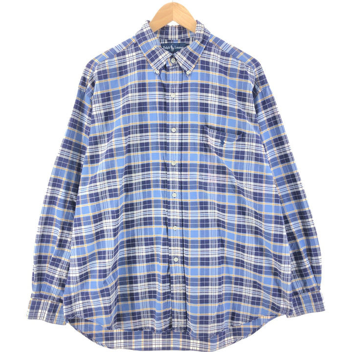 Ralph Lauren BIG SHIRT Long sleeve button-down check shirt Men's L size cotton navy blue type Vintage Second Hand