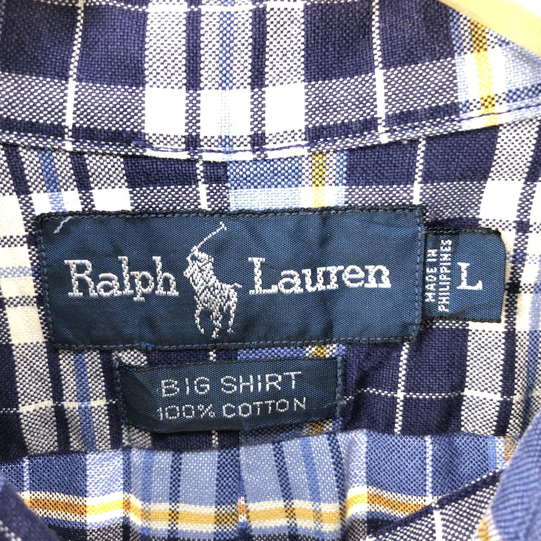 Ralph Lauren BIG SHIRT Long sleeve button-down check shirt Men's L size cotton navy blue type Vintage Second Hand