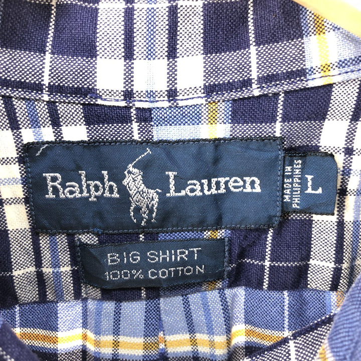 Ralph Lauren BIG SHIRT Long sleeve button-down check shirt Men's L size cotton navy blue type Vintage Second Hand