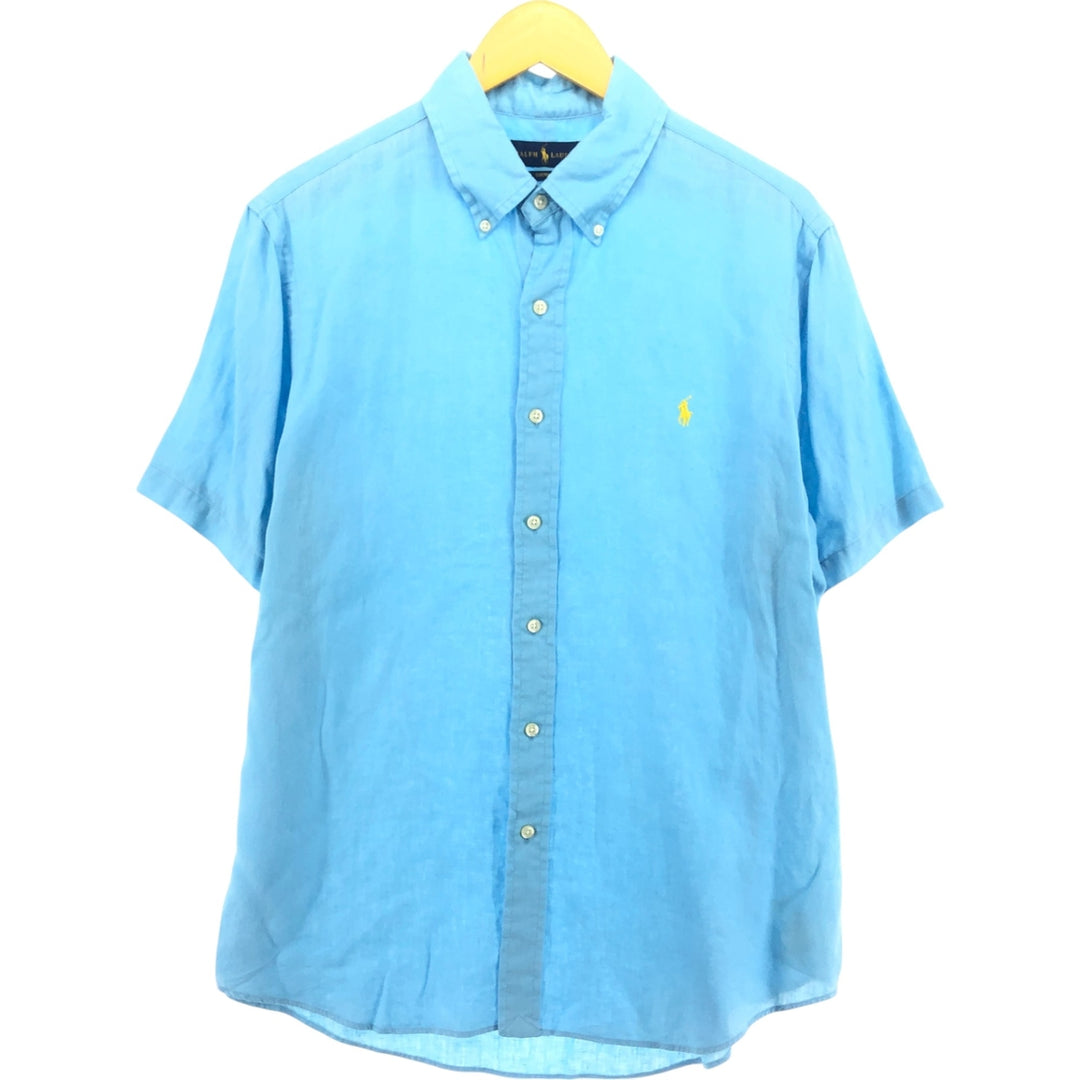 Ralph Lauren Custom Slim Fit Short Sleeve Linen Button Down Shirt Men's Size L linen Blue type light blue Vintage Second Hand