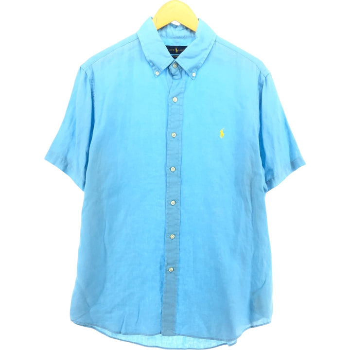 Ralph Lauren Custom Slim Fit Short Sleeve Linen Button Down Shirt Men's Size L linen Blue type light blue Vintage Second Hand