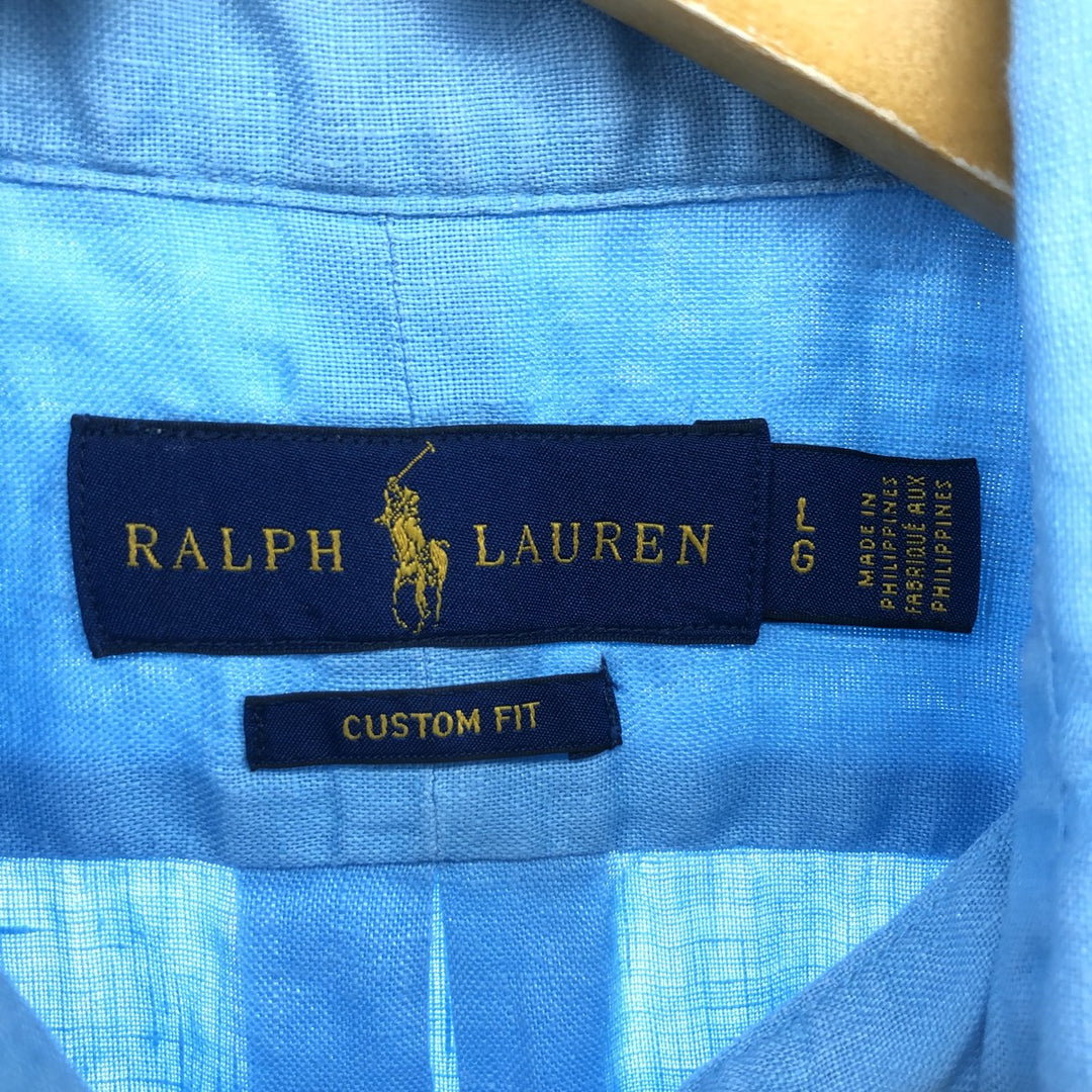 Ralph Lauren Custom Slim Fit Short Sleeve Linen Button Down Shirt Men's Size L linen Blue type light blue Vintage Second Hand