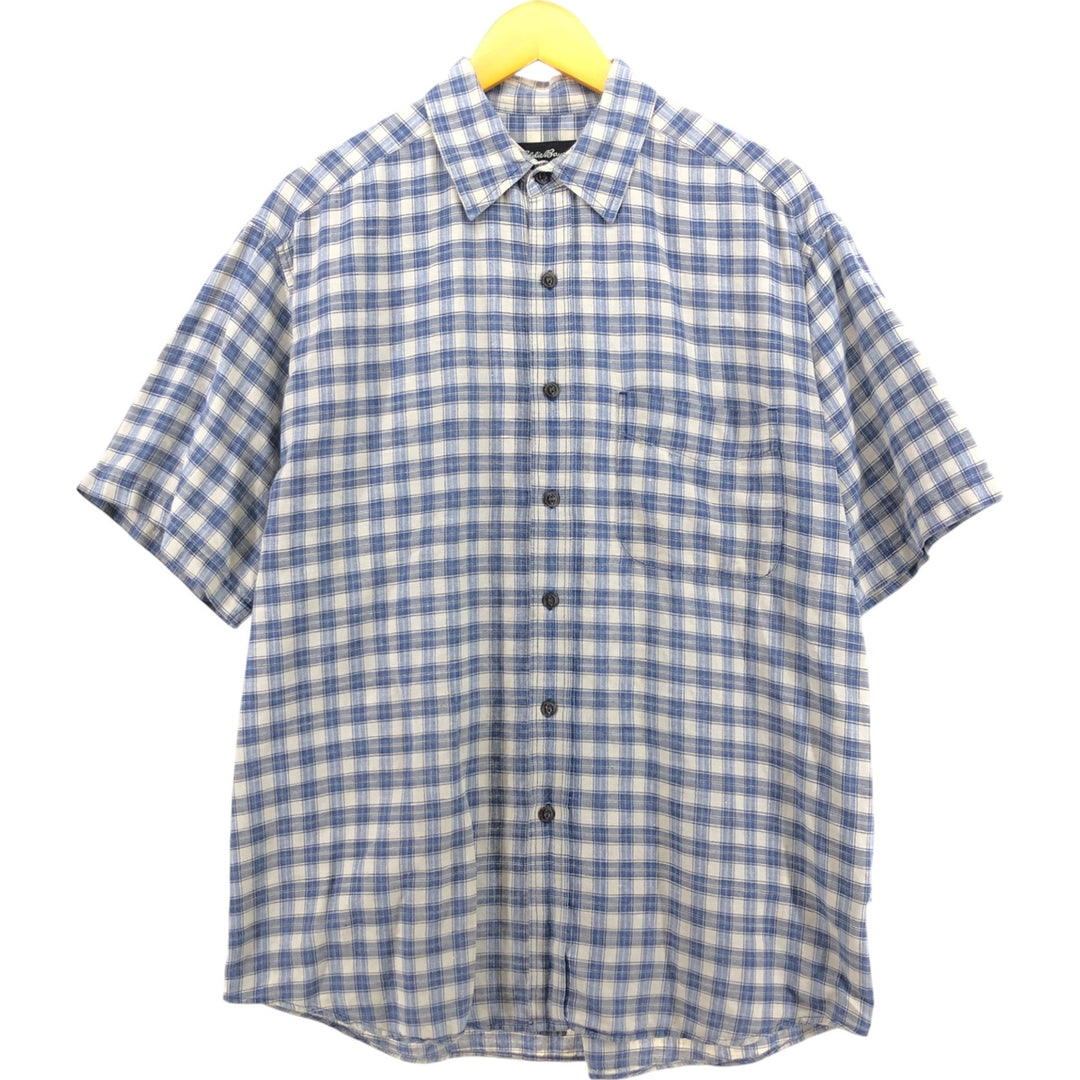 Eddie Bauer Check Pattern Short Sleeve Linen Shirt, Men's M linen blue type Vintage Second Hand