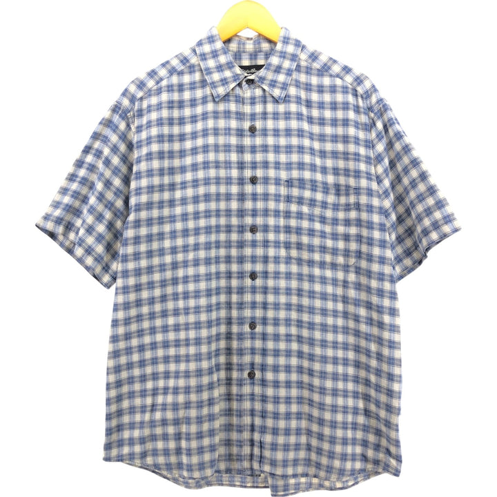 Eddie Bauer Check Pattern Short Sleeve Linen Shirt, Men's M linen blue type Vintage Second Hand