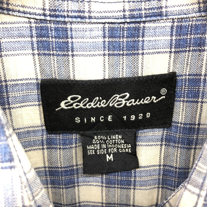 Eddie Bauer Check Pattern Short Sleeve Linen Shirt, Men's M linen blue type Vintage Second Hand