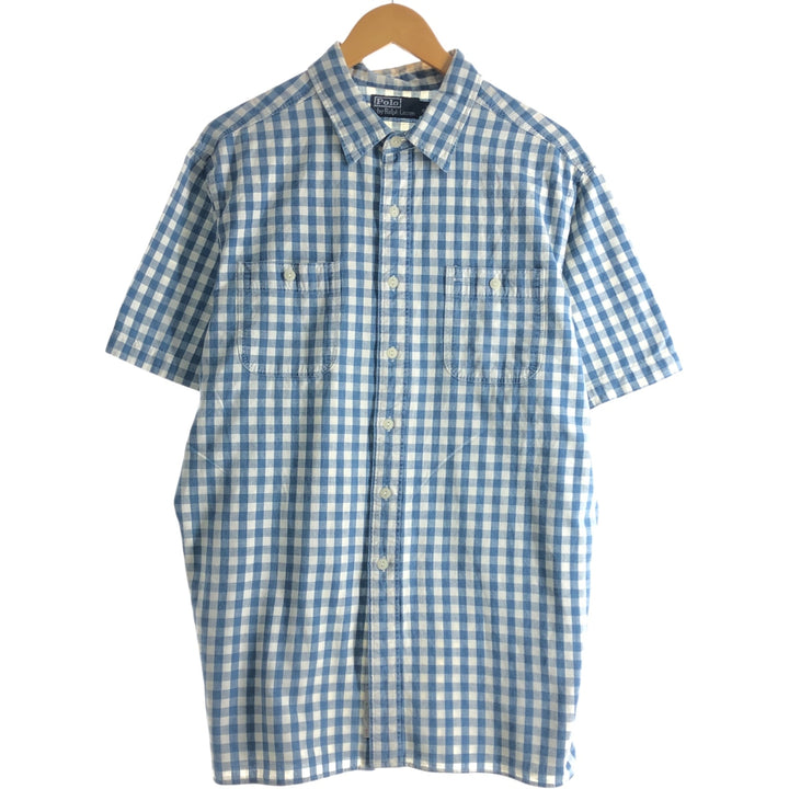 Ralph Lauren POLO by Ralph Lauren Gingham Check Short Sleeve Cotton Check Shirt Men's XL cotton Blue type light blue Vintage Second Hand