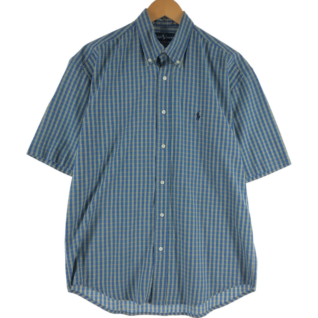 Ralph Lauren YARMOUTH short sleeve button down check shirt, men's size M cotton navy blue type Vintage Second Hand