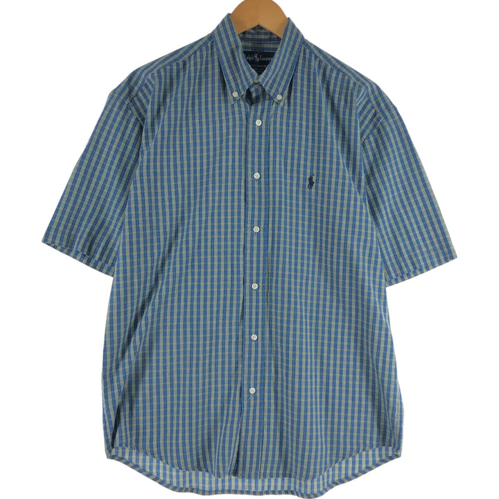 Ralph Lauren YARMOUTH short sleeve button down check shirt, men's size M cotton navy blue type Vintage Second Hand