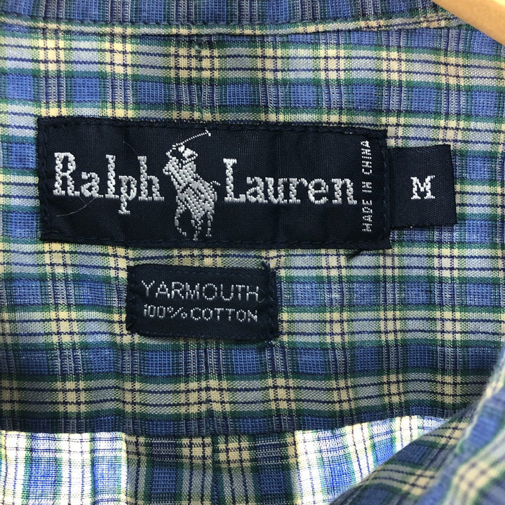 Ralph Lauren YARMOUTH short sleeve button down check shirt, men's size M cotton navy blue type Vintage Second Hand