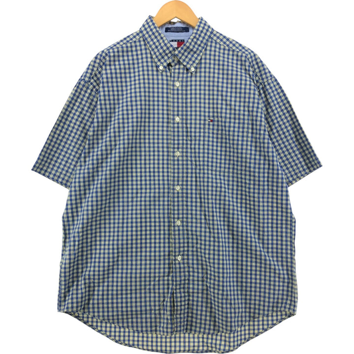 90'S ~ Tommy Hilfiger Check Pattern Short Sleeve Button Down Check Shirt Men's XL Vintage cotton yellow type Vintage Second Hand