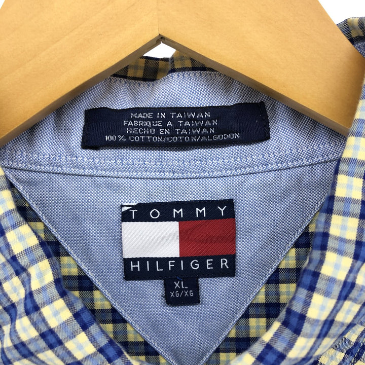 90'S ~ Tommy Hilfiger Check Pattern Short Sleeve Button Down Check Shirt Men's XL Vintage cotton yellow type Vintage Second Hand
