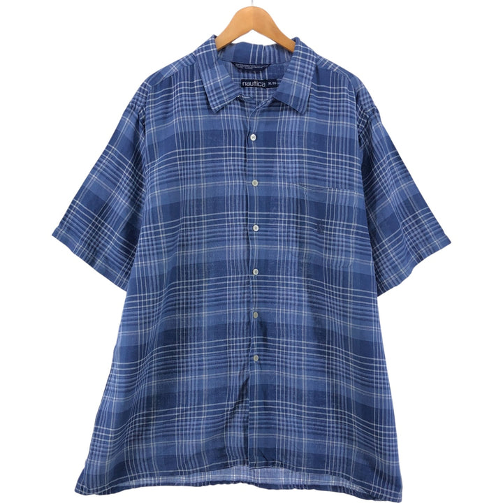 90'S NAUTICA Check Pattern Short Sleeve Open Collar Linen Shirt Box Shirt Men's XL Vintage linen navy blue type Vintage Second Hand