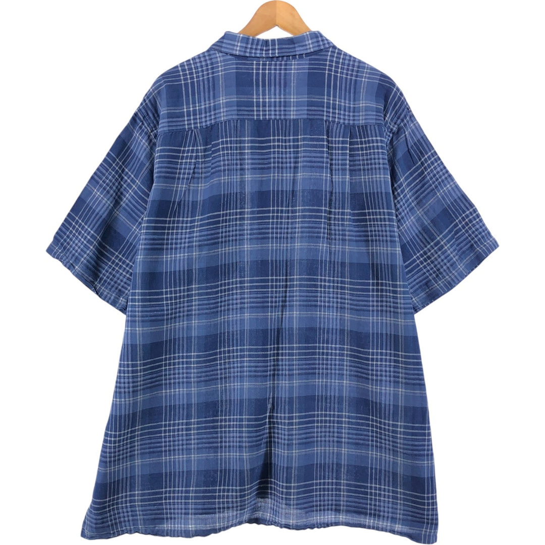 90'S NAUTICA Check Pattern Short Sleeve Open Collar Linen Shirt Box Shirt Men's XL Vintage linen navy blue type Vintage Second Hand