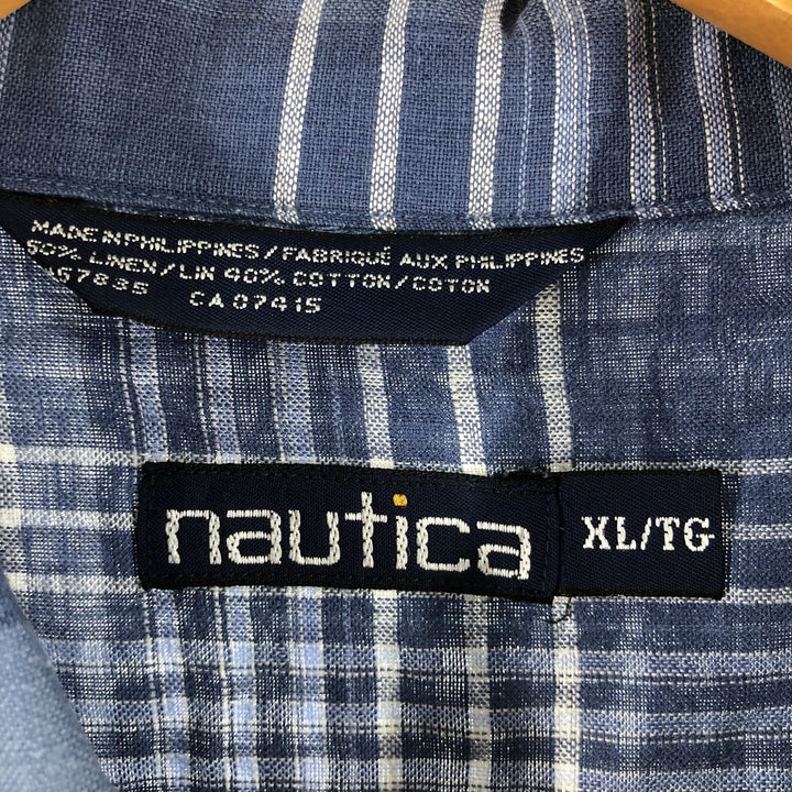 90'S NAUTICA Check Pattern Short Sleeve Open Collar Linen Shirt Box Shirt Men's XL Vintage linen navy blue type Vintage Second Hand