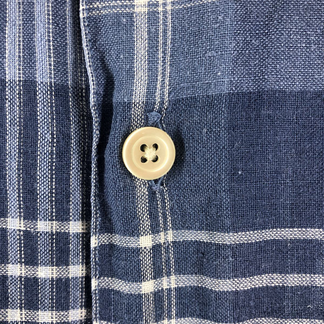 90'S NAUTICA Check Pattern Short Sleeve Open Collar Linen Shirt Box Shirt Men's XL Vintage linen navy blue type Vintage Second Hand
