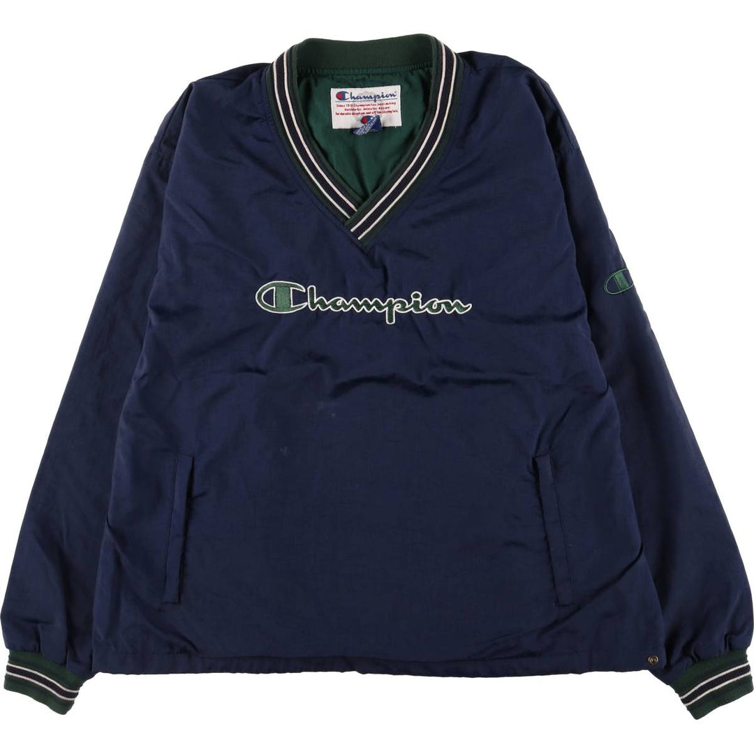 90'S Champion V-neck nylon pullover, men's size L, vintage Nylon navy blue type Vintage Second Hand