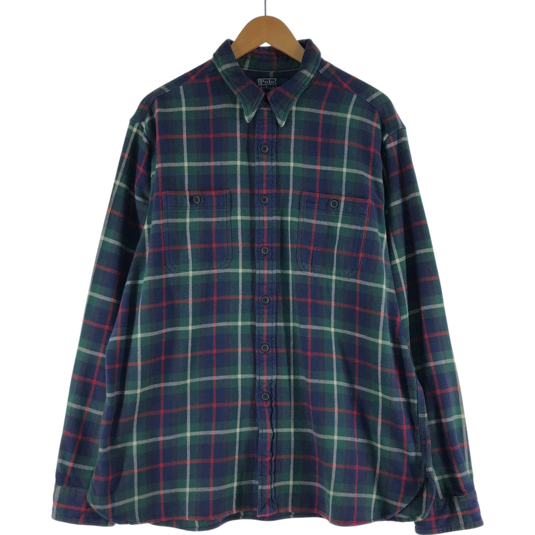 Ralph Lauren POLO by Ralph Lauren Long Sleeve Flannel Check Shirt Men's XL cotton navy blue type Vintage Second Hand