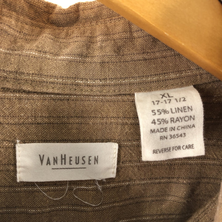 Van Heusen Stripe Pattern Short Sleeve Rayon x Linen Shirt Box Shirt Men's XL linen beige type brown Vintage Second Hand