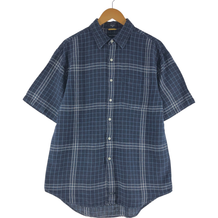NAUTICA Check Pattern Short Sleeve Linen Shirt, Men's M linen Navy blue Vintage Second Hand