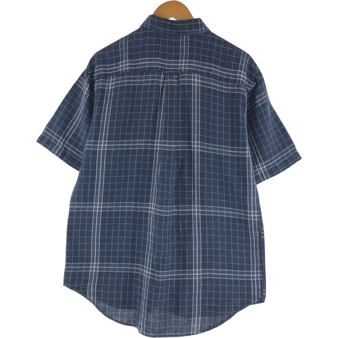 NAUTICA Check Pattern Short Sleeve Linen Shirt, Men's M linen Navy blue Vintage Second Hand