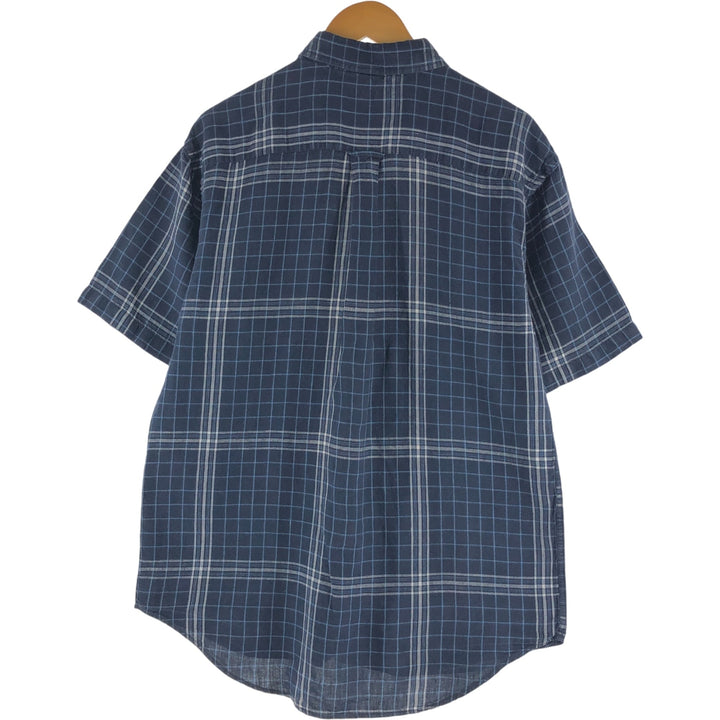 NAUTICA Check Pattern Short Sleeve Linen Shirt, Men's M linen Navy blue Vintage Second Hand