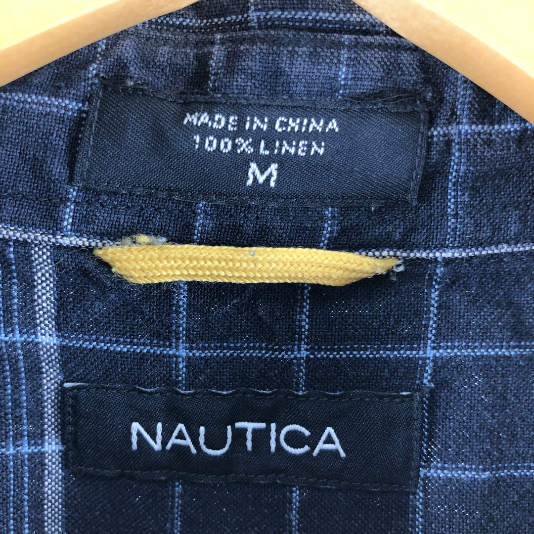 NAUTICA Check Pattern Short Sleeve Linen Shirt, Men's M linen Navy blue Vintage Second Hand