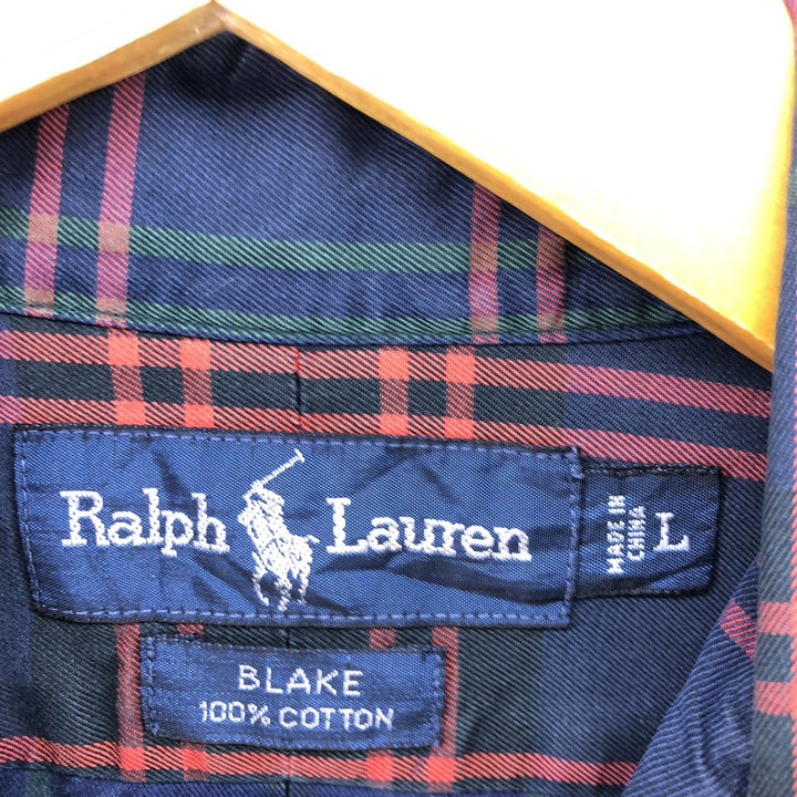 Ralph Lauren BLAKE long sleeve button down check shirt, men's size L cotton navy blue type Vintage Second Hand