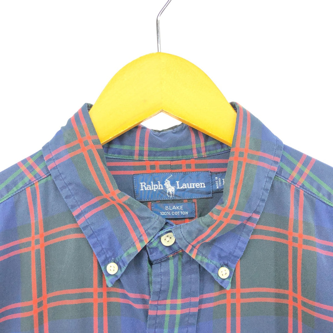 Ralph Lauren BLAKE long sleeve button down check shirt, men's size L cotton navy blue type Vintage Second Hand