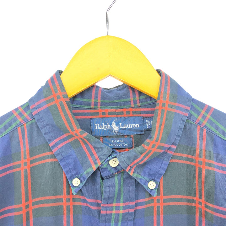 Ralph Lauren BLAKE long sleeve button down check shirt, men's size L cotton navy blue type Vintage Second Hand