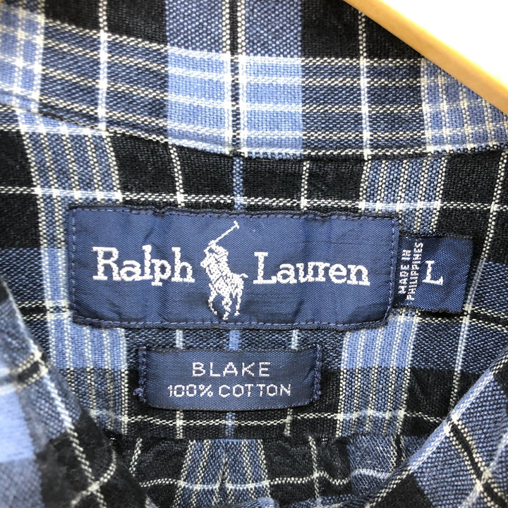 Ralph Lauren BLAKE long sleeve button down check shirt, men's size L cotton navy blue type Vintage Second Hand