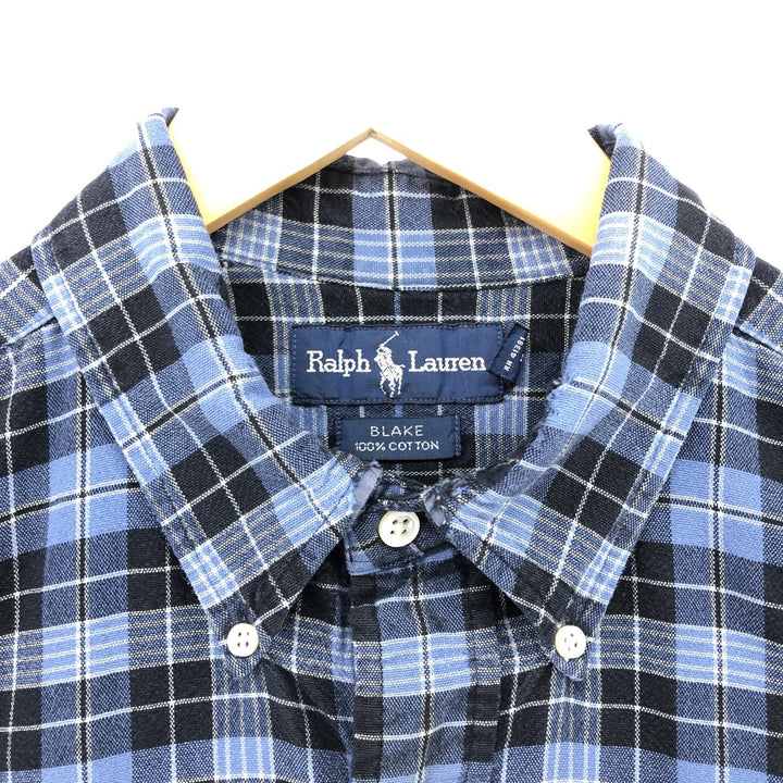 Ralph Lauren BLAKE long sleeve button down check shirt, men's size L cotton navy blue type Vintage Second Hand