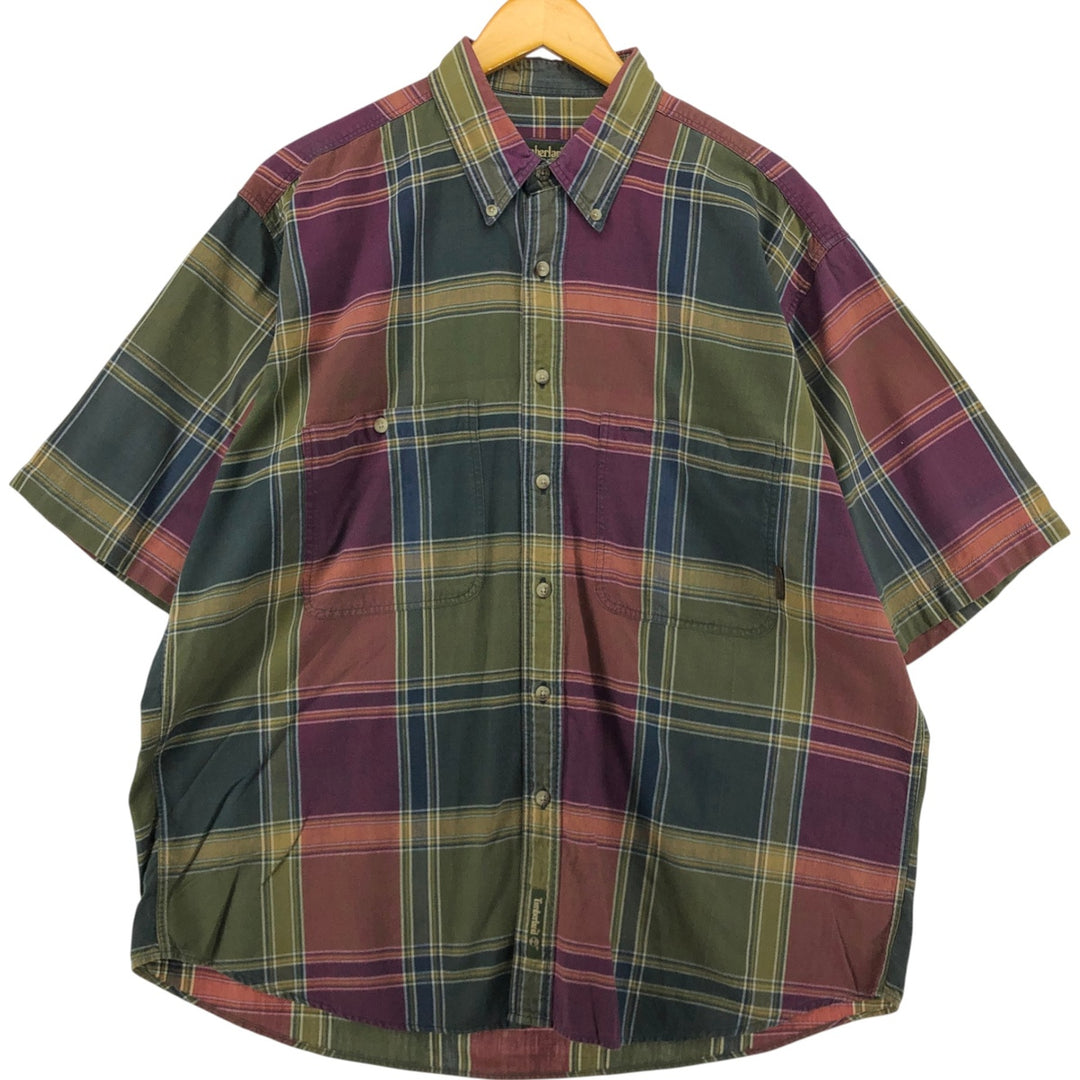 90'S Timberland WEATHERGEAR Check Pattern Short Sleeve Button-down Check Shirt Men's Size L cotton bordeaux Vintage Second Hand