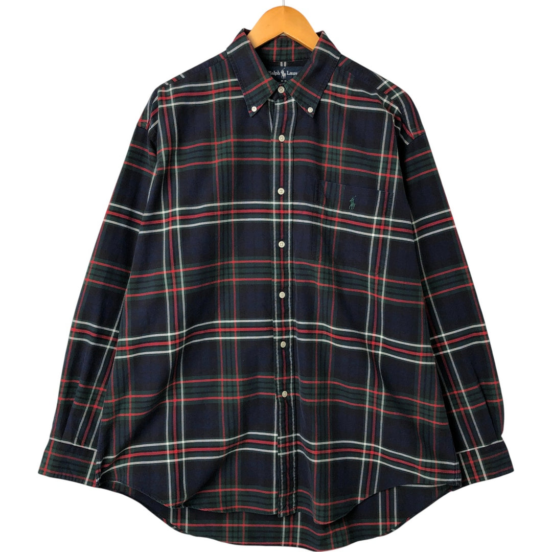 Ralph Lauren BIG SHIRT Long sleeve button down flannel check shirt Men's L size cotton navy blue type Vintage Second Hand