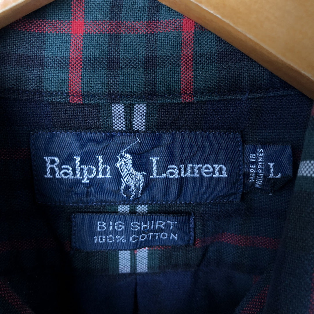 Ralph Lauren BIG SHIRT Long sleeve button down flannel check shirt Men's L size cotton navy blue type Vintage Second Hand