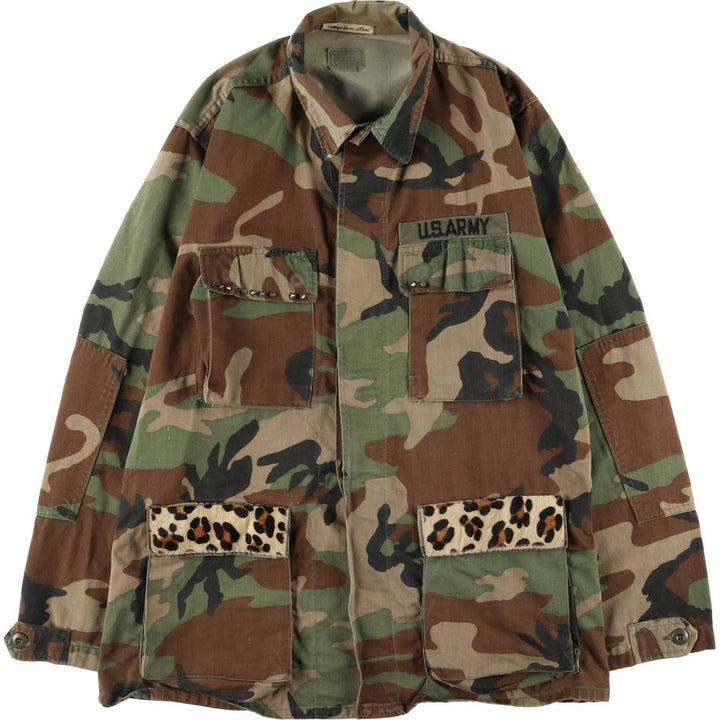 80'S US Army genuine USARMY camouflage pattern remake painted military combat jacket made in USA MEDIUM-LONG men's M size cotton brown type Vintage Second Hand