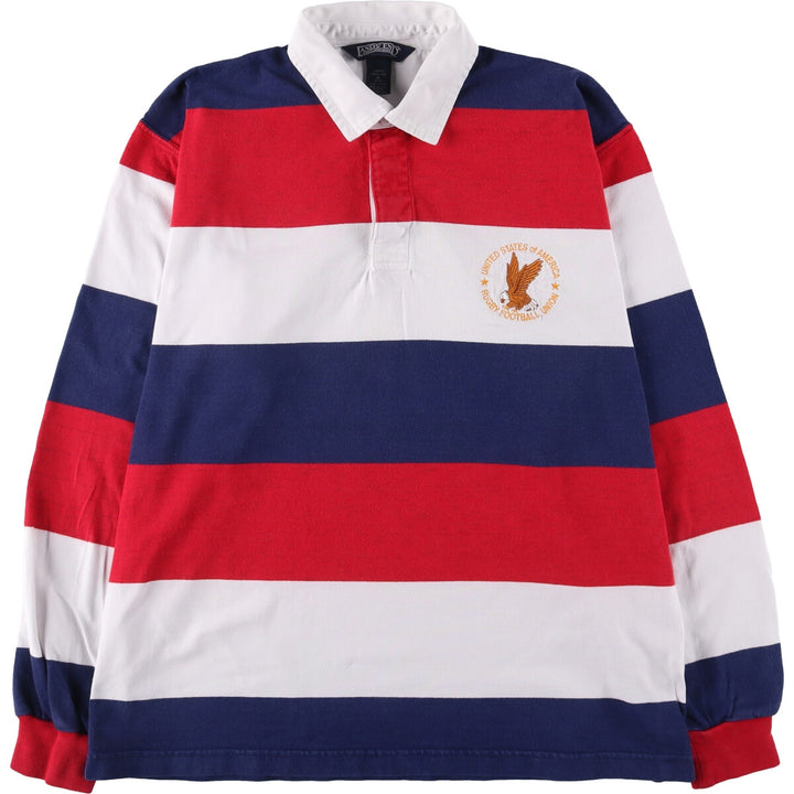 90'S LANDS' END Striped Pattern Eagle Pattern Long Sleeve Rugby Shirt Made in USA Men's M cotton white type Vintage Second Hand