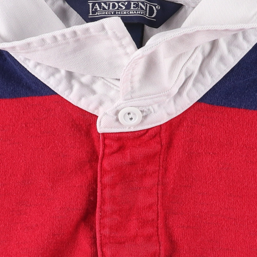 90'S LANDS' END Striped Pattern Eagle Pattern Long Sleeve Rugby Shirt Made in USA Men's M cotton white type Vintage Second Hand