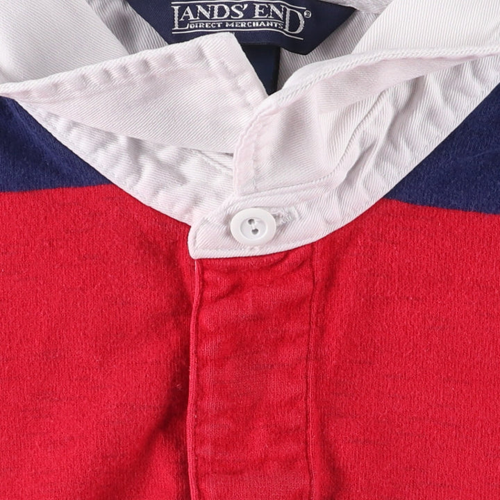 90'S LANDS' END Striped Pattern Eagle Pattern Long Sleeve Rugby Shirt Made in USA Men's M cotton white type Vintage Second Hand