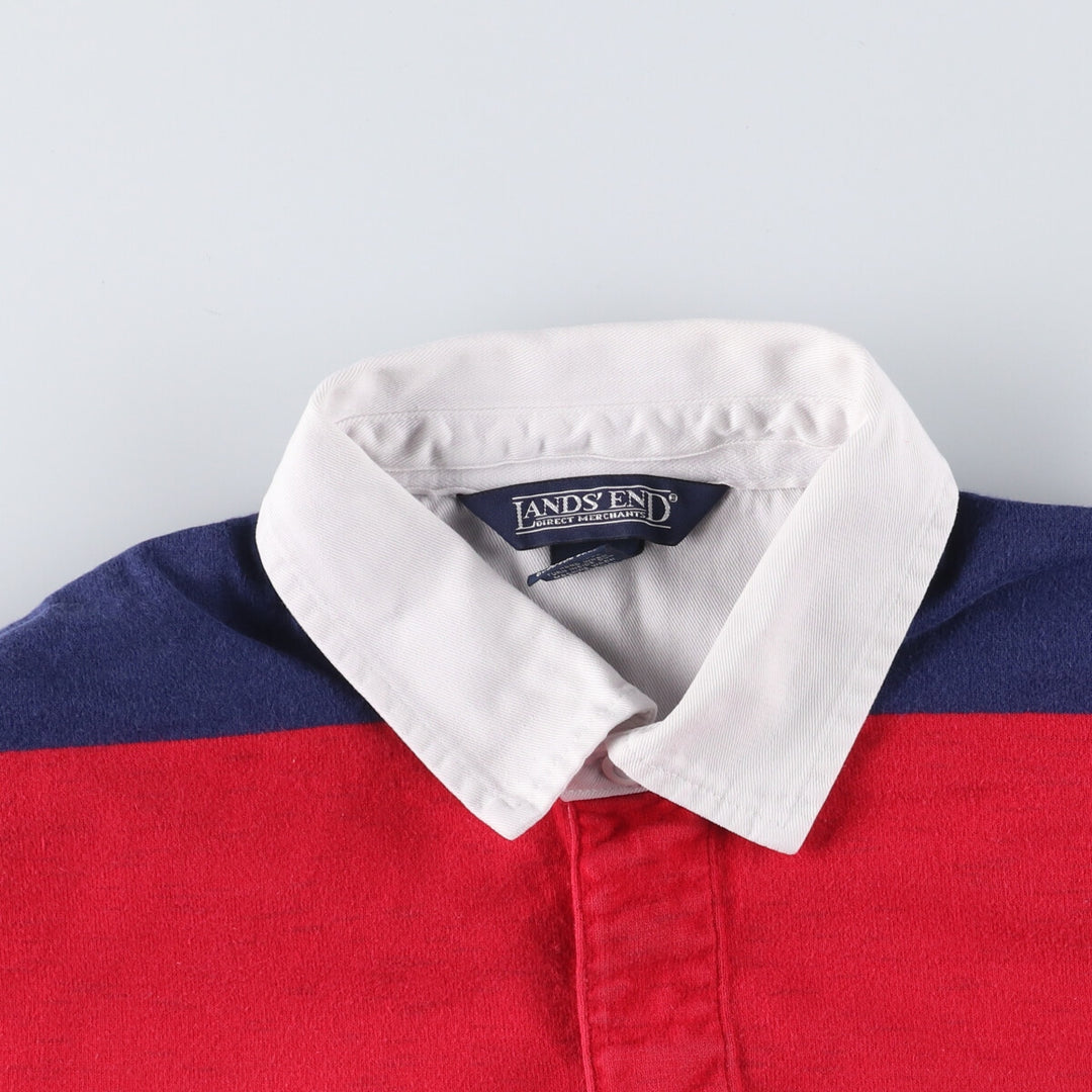 90'S LANDS' END Striped Pattern Eagle Pattern Long Sleeve Rugby Shirt Made in USA Men's M cotton white type Vintage Second Hand