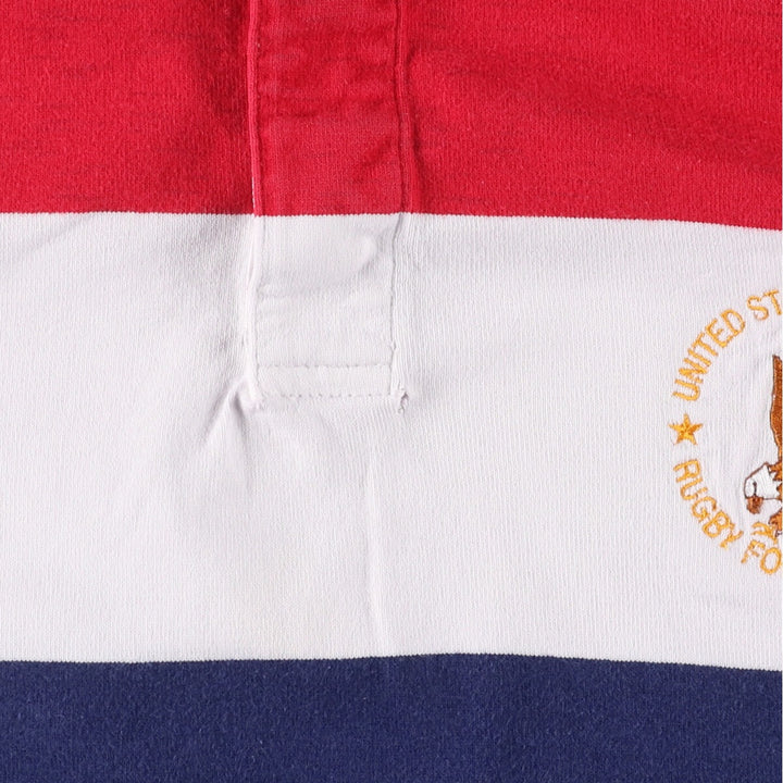 90'S LANDS' END Striped Pattern Eagle Pattern Long Sleeve Rugby Shirt Made in USA Men's M cotton white type Vintage Second Hand
