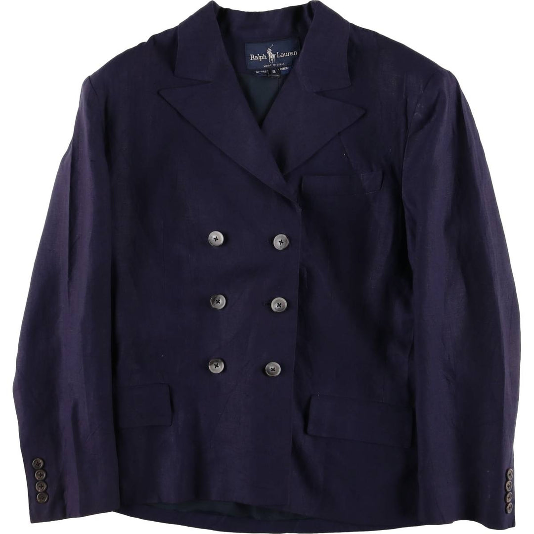 Ralph Lauren Double Breasted Peak Lapel Linen Tailored Jacket Made in USA Women's M linen navy blue type Vintage Second Hand