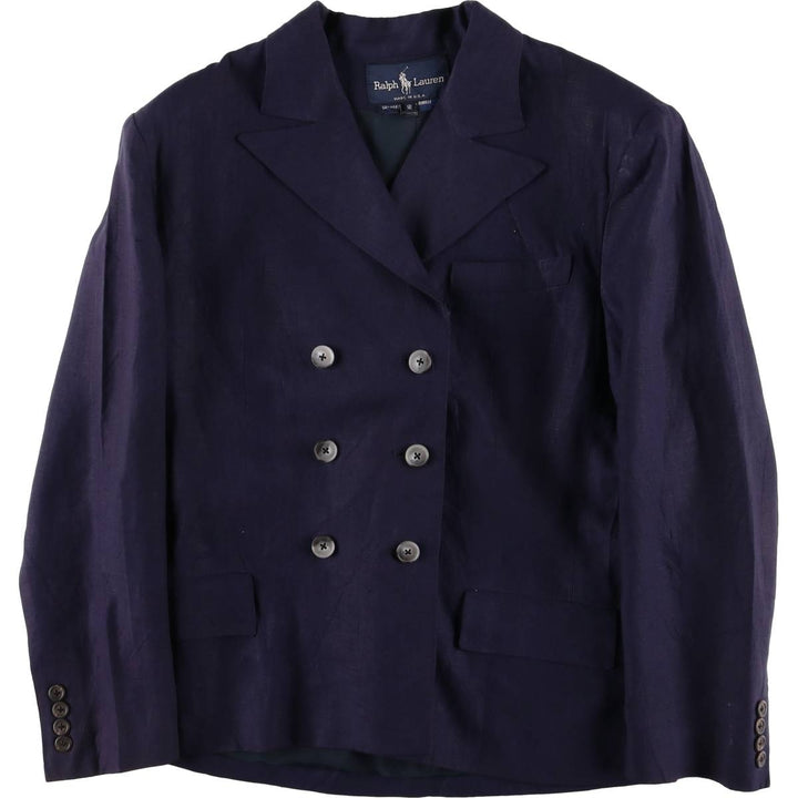 Ralph Lauren Double Breasted Peak Lapel Linen Tailored Jacket Made in USA Women's M linen navy blue type Vintage Second Hand